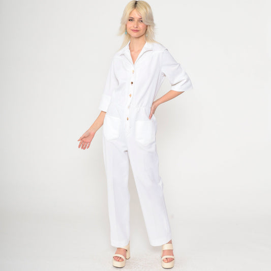 70s White Button-Up Jumpsuit High Waisted Straight Leg 3/4 Sleeve Small