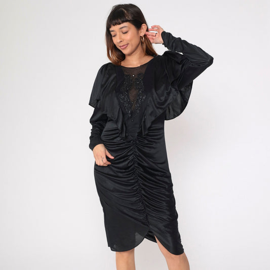80s Black Beaded Midi Dress Cape Sleeve Open Back Ruched Medium