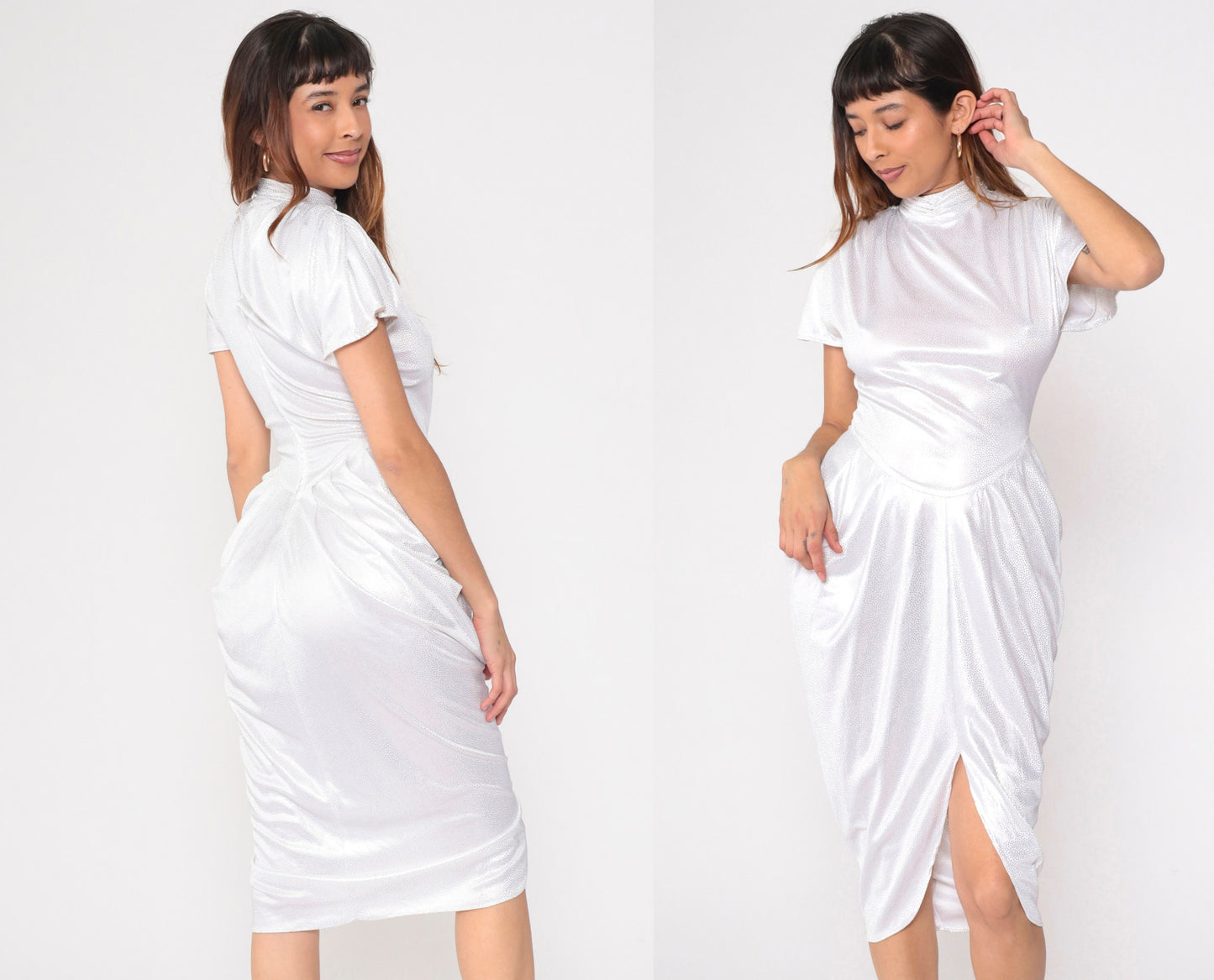 80s White Metallic Polka Dot Midi Dress Mock Neck Flutter Sleeve Small
