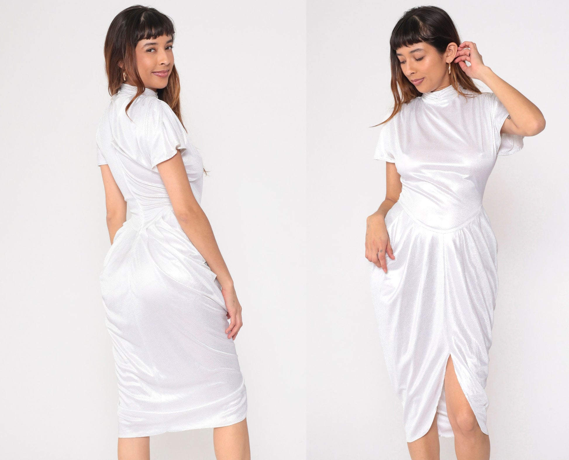 80s White Metallic Polka Dot Midi Dress Mock Neck Flutter Sleeve Small