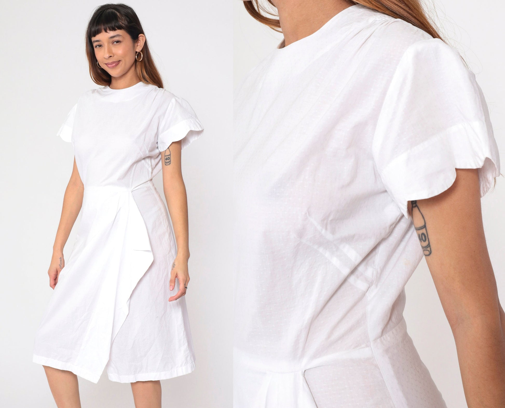 1940s White Cotton Midi Dress Puff Sleeve Scalloped Button Back Medium