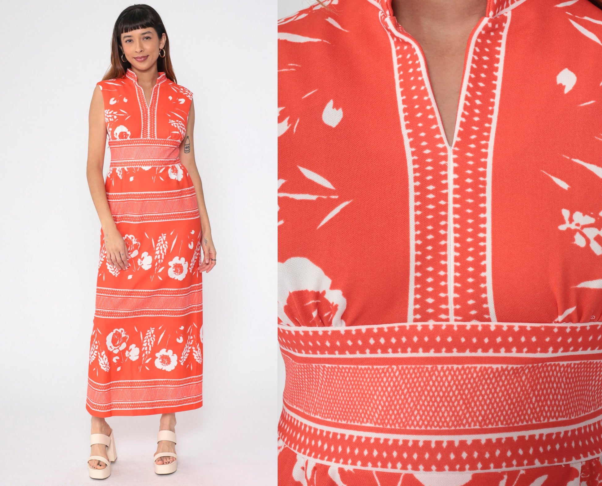 70s Orange Striped Floral Maxi Dress High Waist Mandarin Collar Small