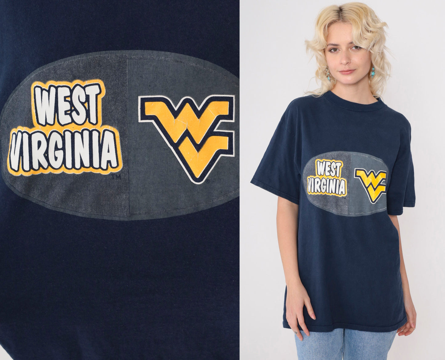 90s West Virginia University Mountaineer Graphic T-Shirt Navy Medium