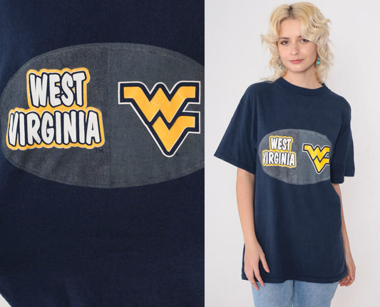90s West Virginia University Mountaineer Graphic T-Shirt Navy Medium