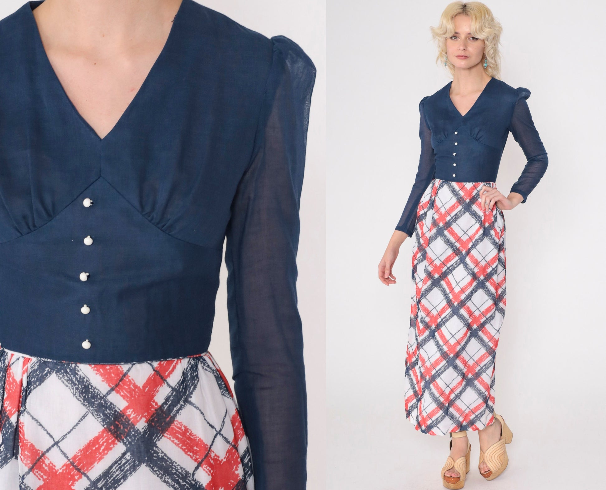 70s Checkered Maxi Dress Puff Sleeve High Waist Dark Blue Red White XXS