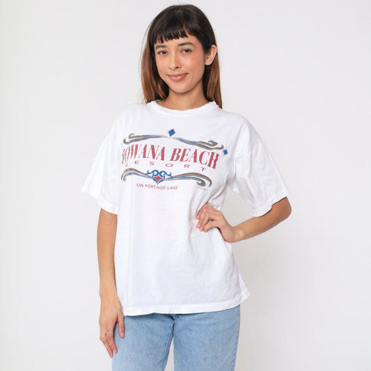 90s Iowana Beach Resort Portage Lake Minnesota Graphic T-Shirt White Cotton Large