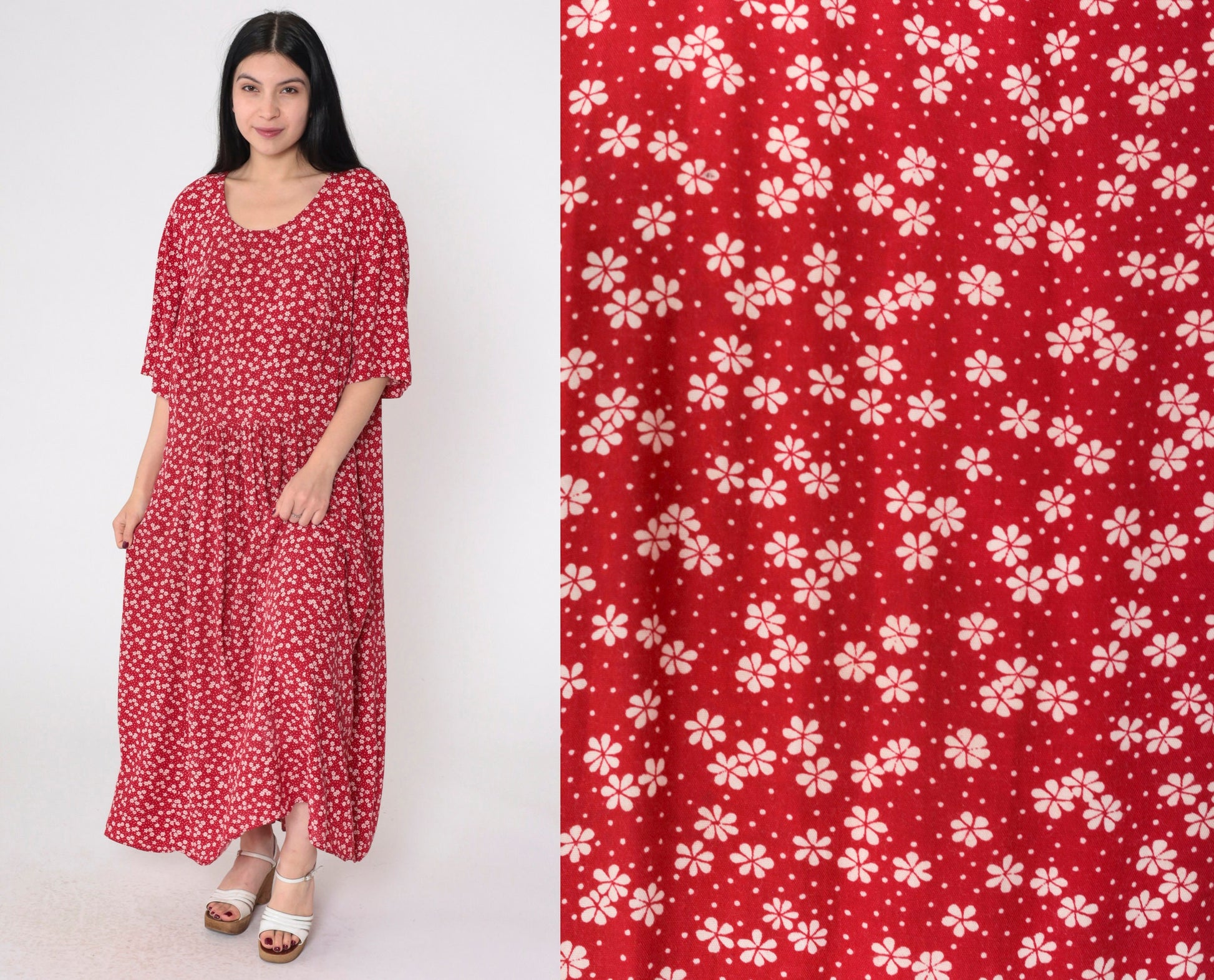 90s More Jazz Red Floral Maxi Dress Puff Sleeve Plus Size XXL