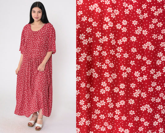 90s More Jazz Red Floral Maxi Dress Puff Sleeve Plus Size XXL