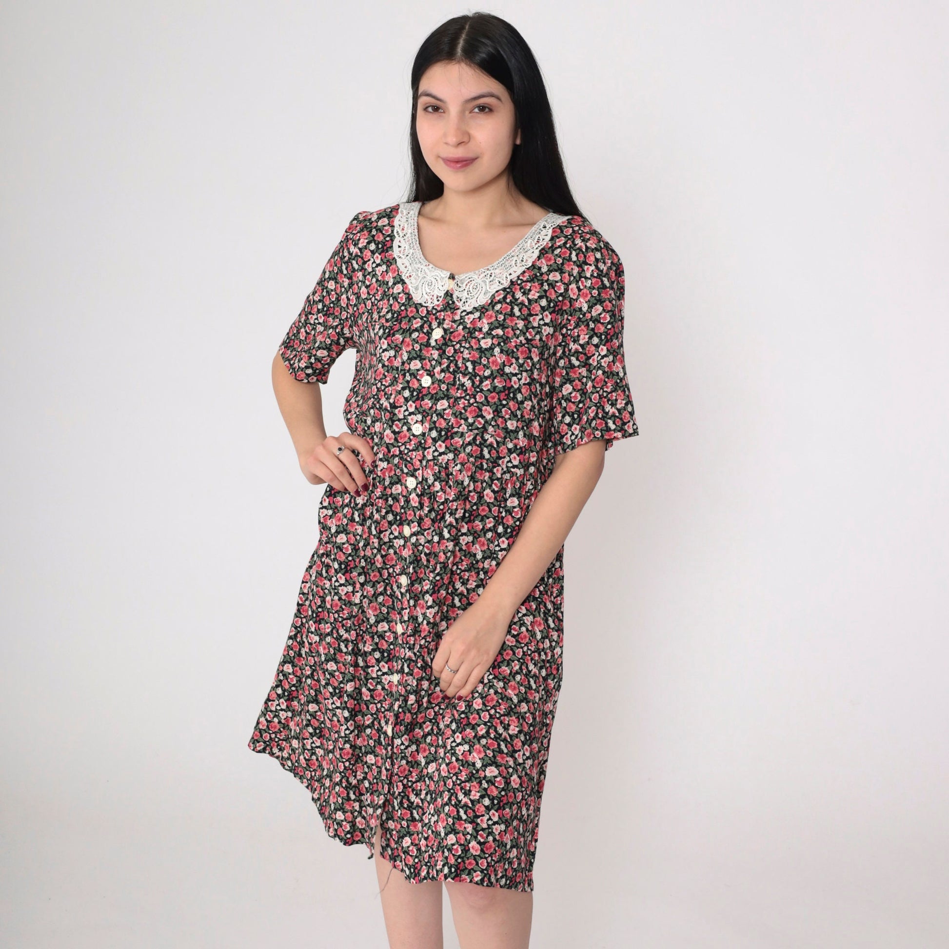 90s Kathie Lee Floral Mini Dress Lace Collar Button-Up Short Sleeve Medium