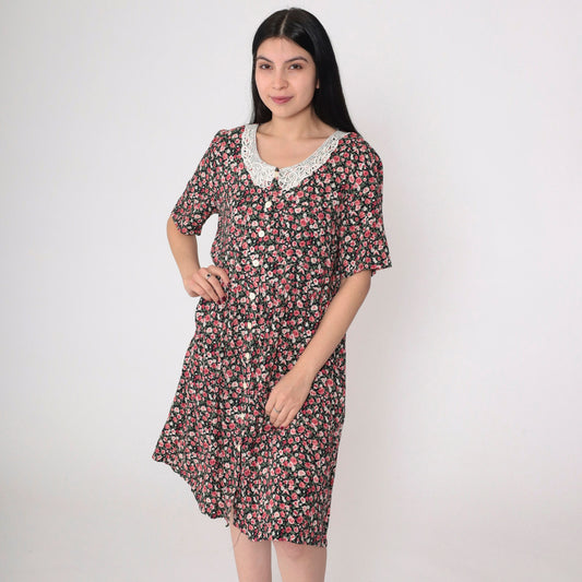 90s Kathie Lee Floral Mini Dress Lace Collar Button-Up Short Sleeve Medium