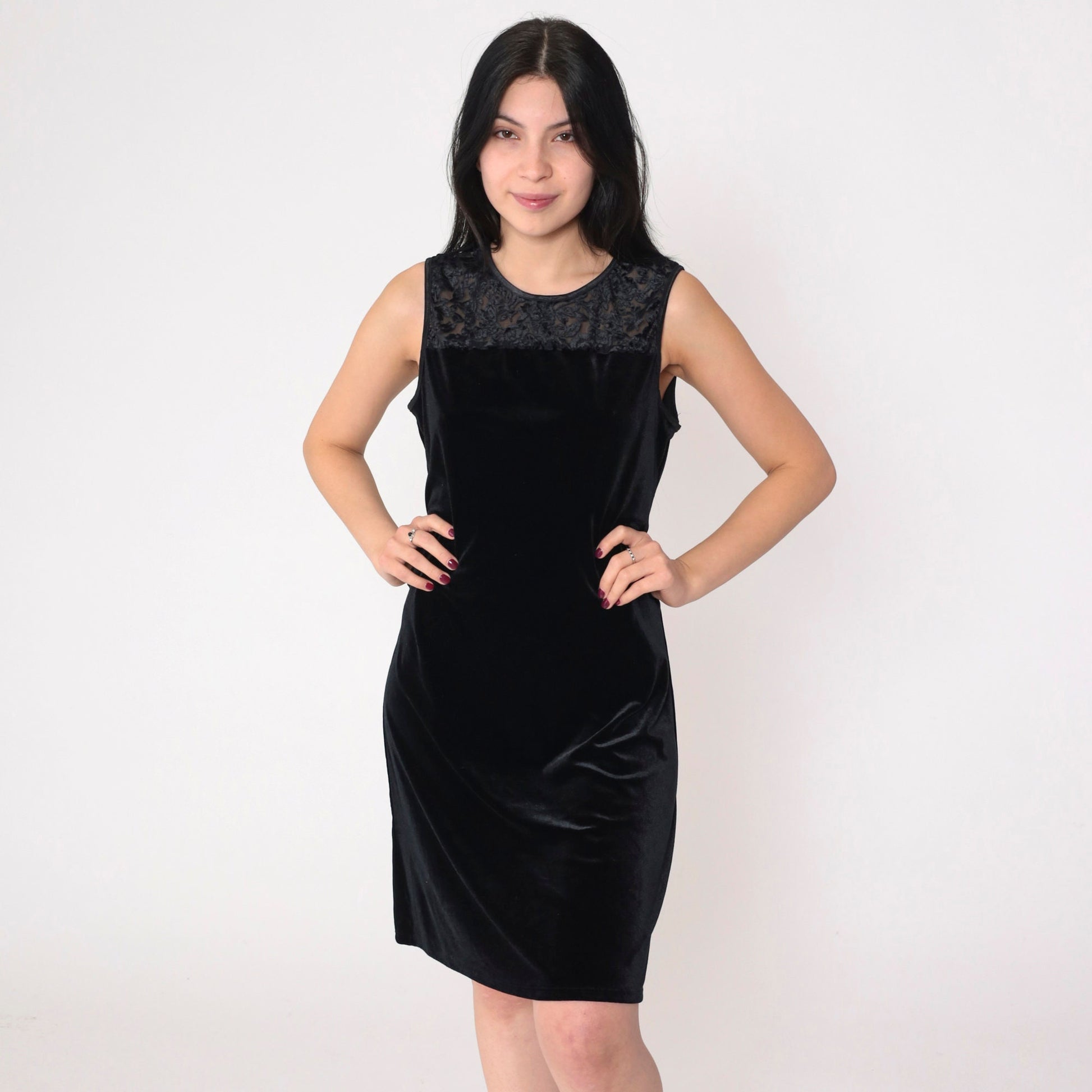 00s Black Velvet Mini Dress Y2K Floral Burnout Sleeveless Shift Large L