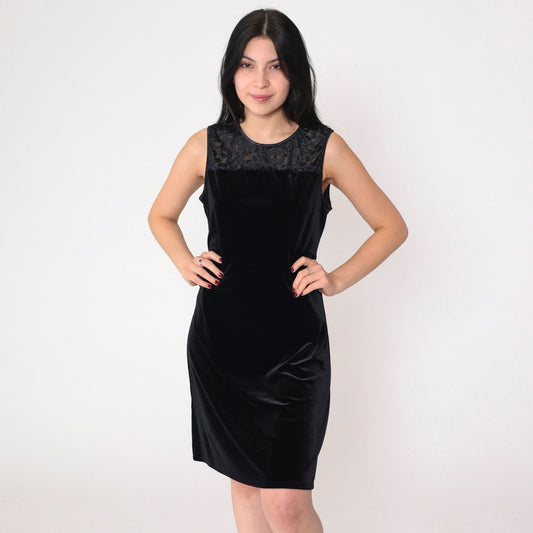 00s Black Velvet Mini Dress Y2K Floral Burnout Sleeveless Shift Large L