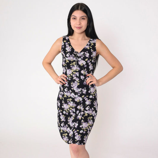 Y2K Gap Black Floral Mini Dress Lilac Print V-Neck Sleeveless Extra Small