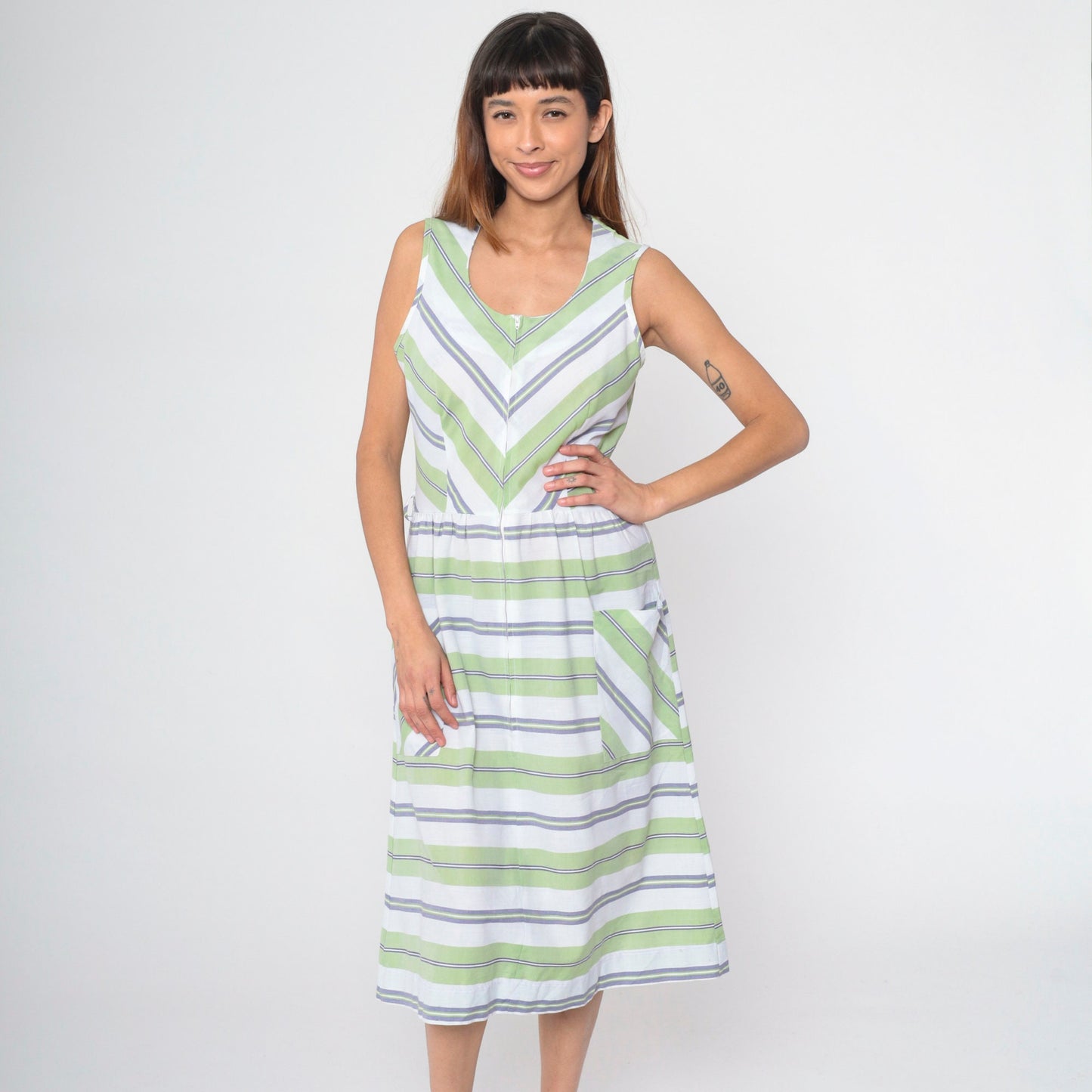 70s Mod Shift Dress Green White Chevron Striped Midi Front Zip Small Medium