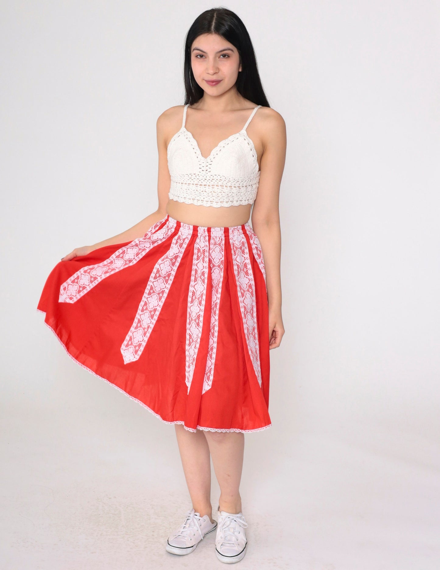 80s Red Lace Trim Mini Skirt White Floral High Waist Extra Small