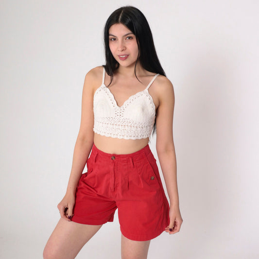 90s Red Pleated High-Waist Shorts Cotton Small