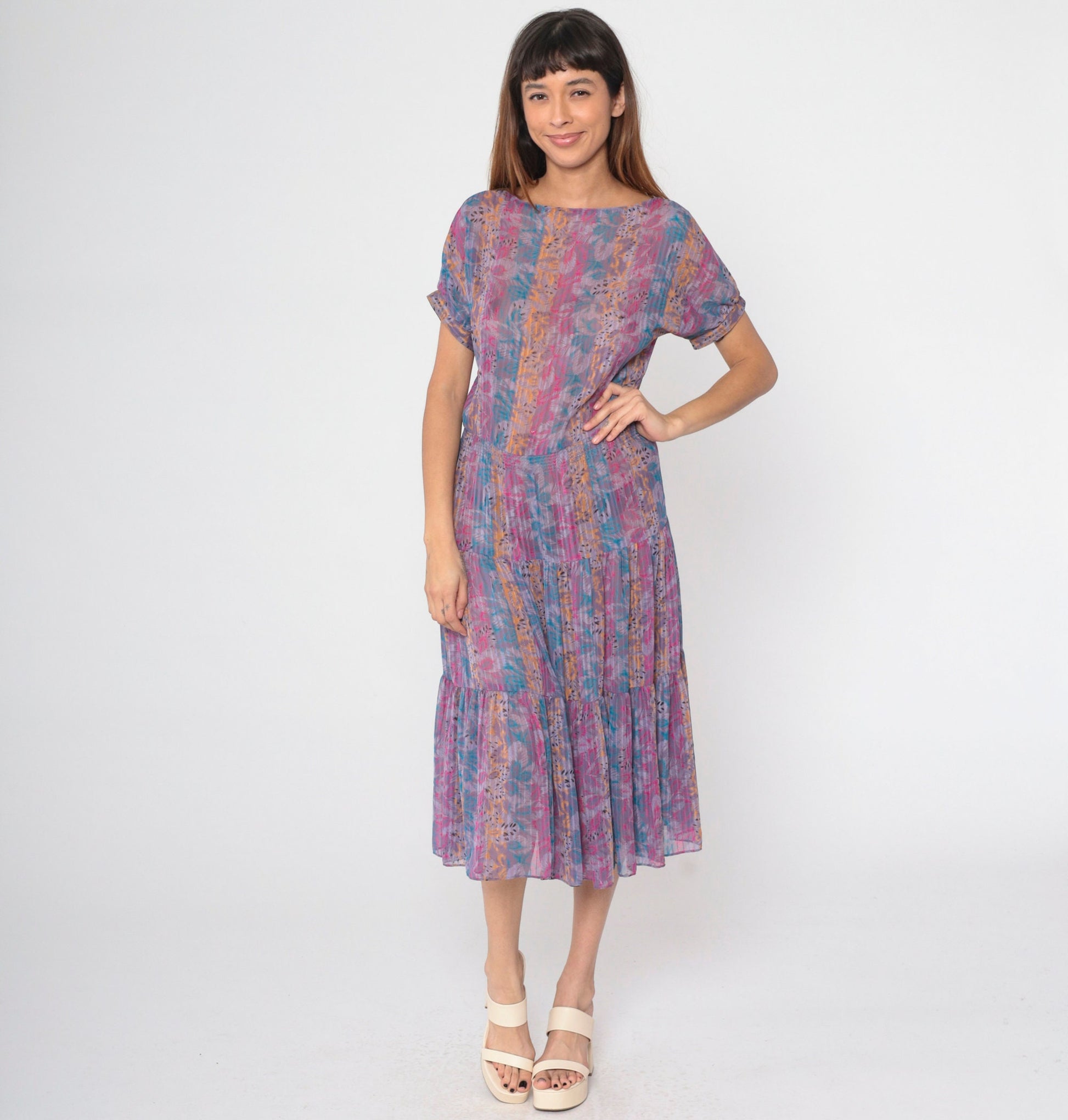 80s Floral Abstract Striped Midi Dress Drop Waist Tiered Short Sleeve Purple Small