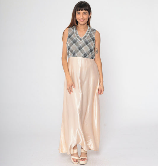 70s Metallic Checkered Maxi Dress Silver Champagne V Neck Sleeveless Medium