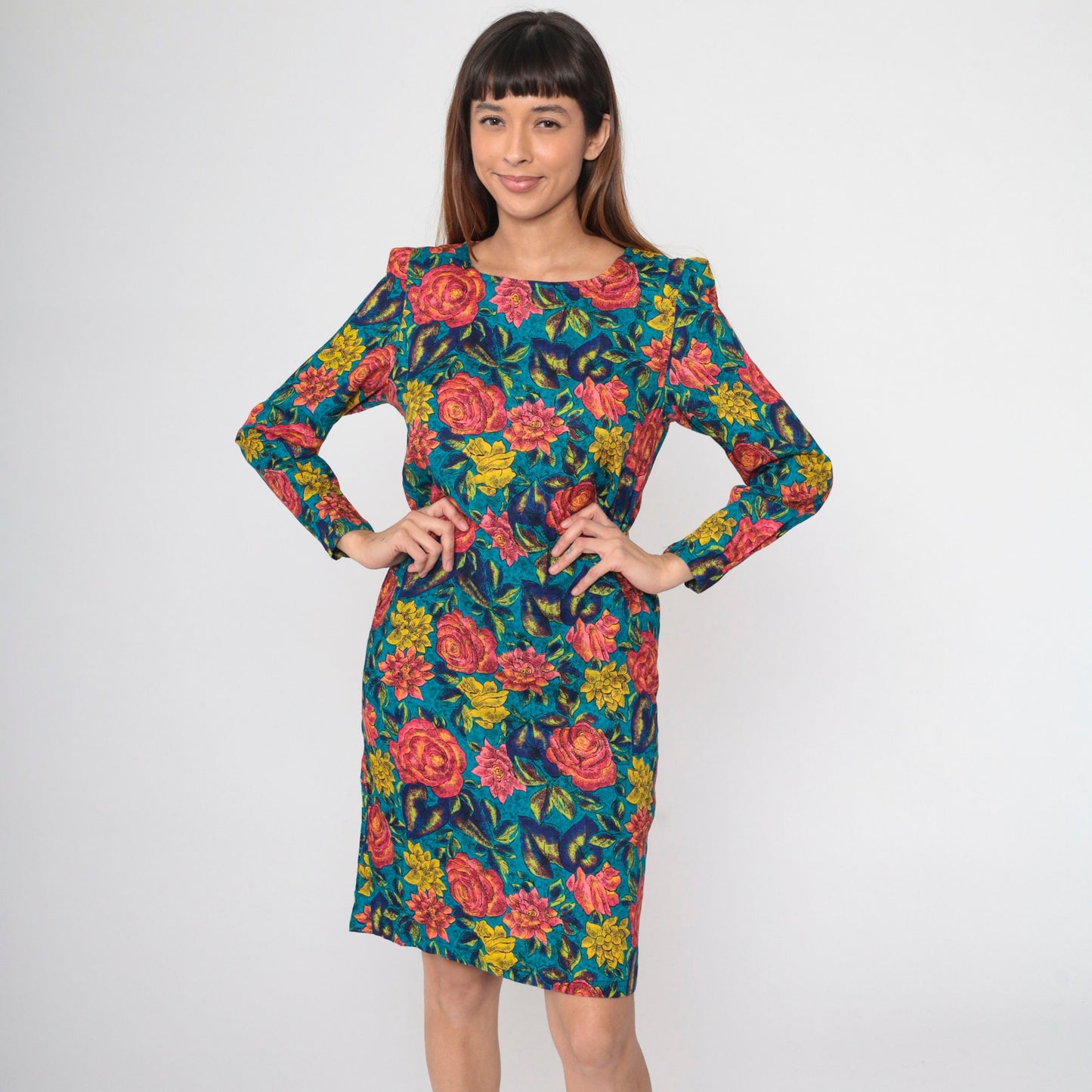 80s Floral Rose Print Midi Dress Puff Sleeve Sheath Pink Blue Small