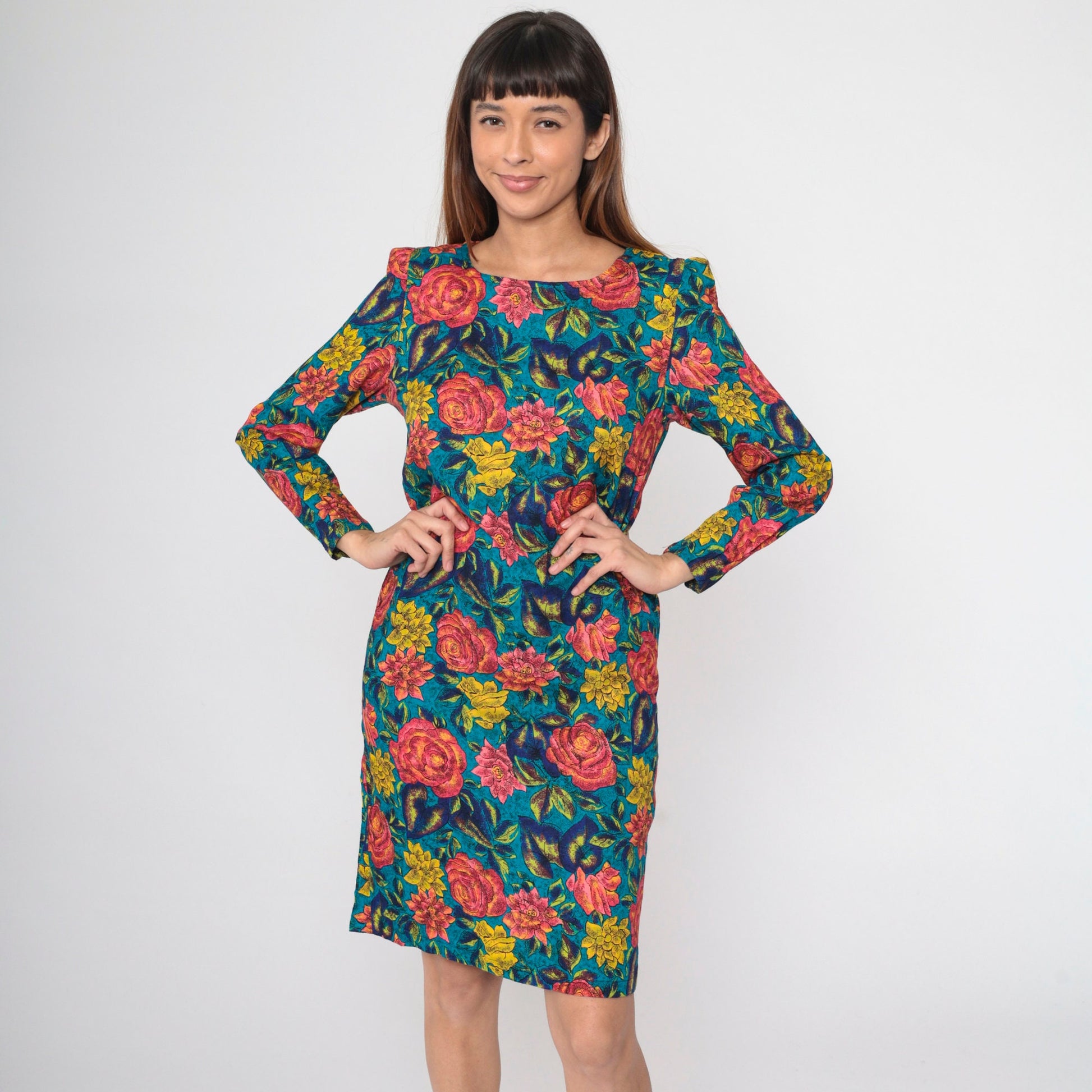80s Floral Rose Print Midi Dress Puff Sleeve Sheath Pink Blue Small