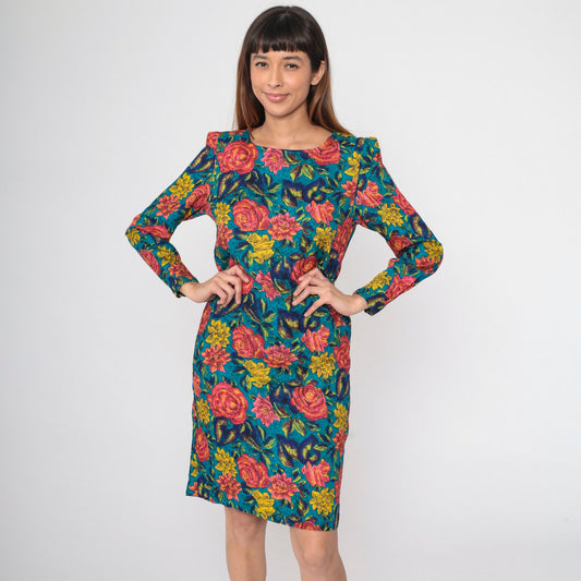 80s Floral Rose Print Midi Dress Puff Sleeve Sheath Pink Blue Small