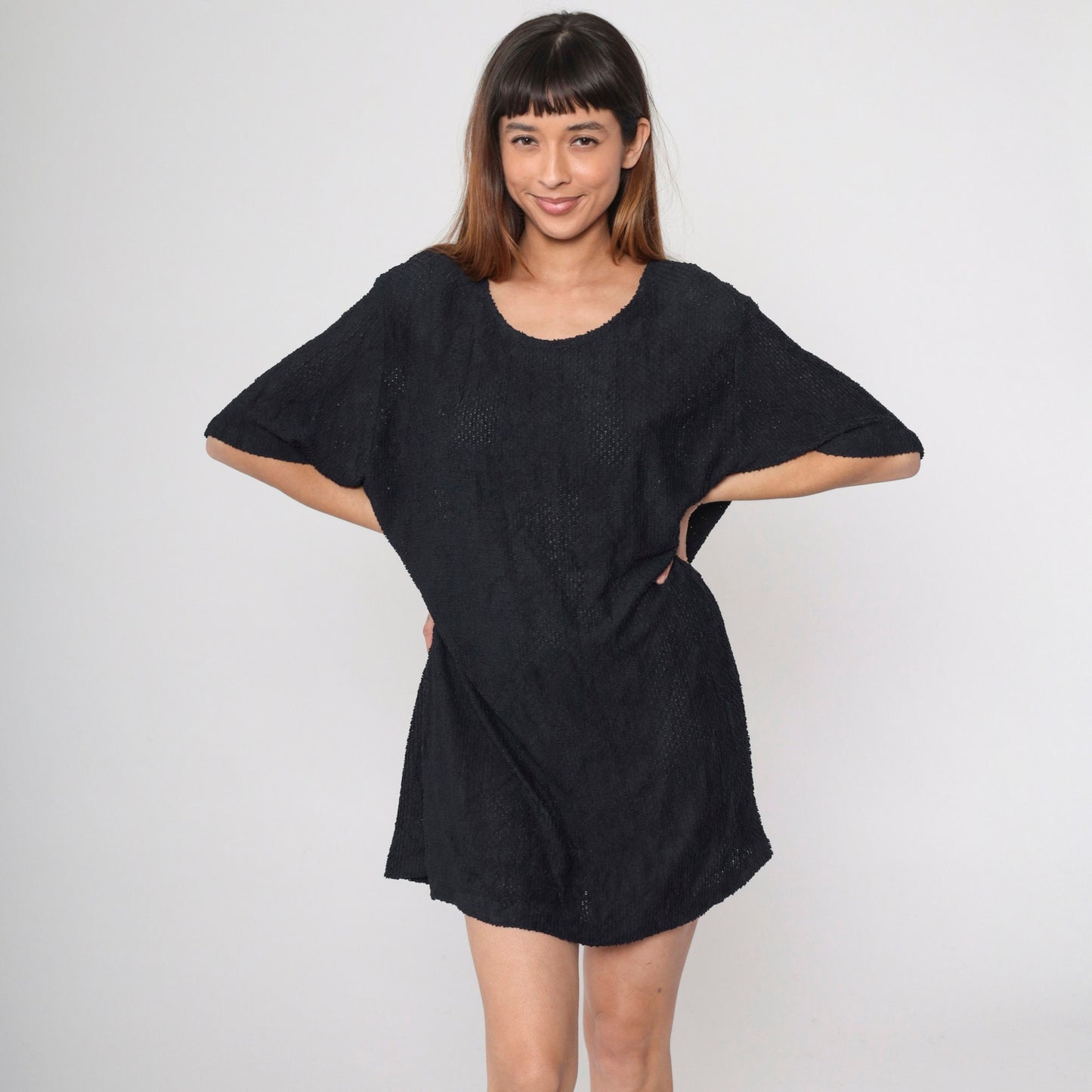 90s Black Semi-Sheer Openwork Shift Dress Plus Size XXL
