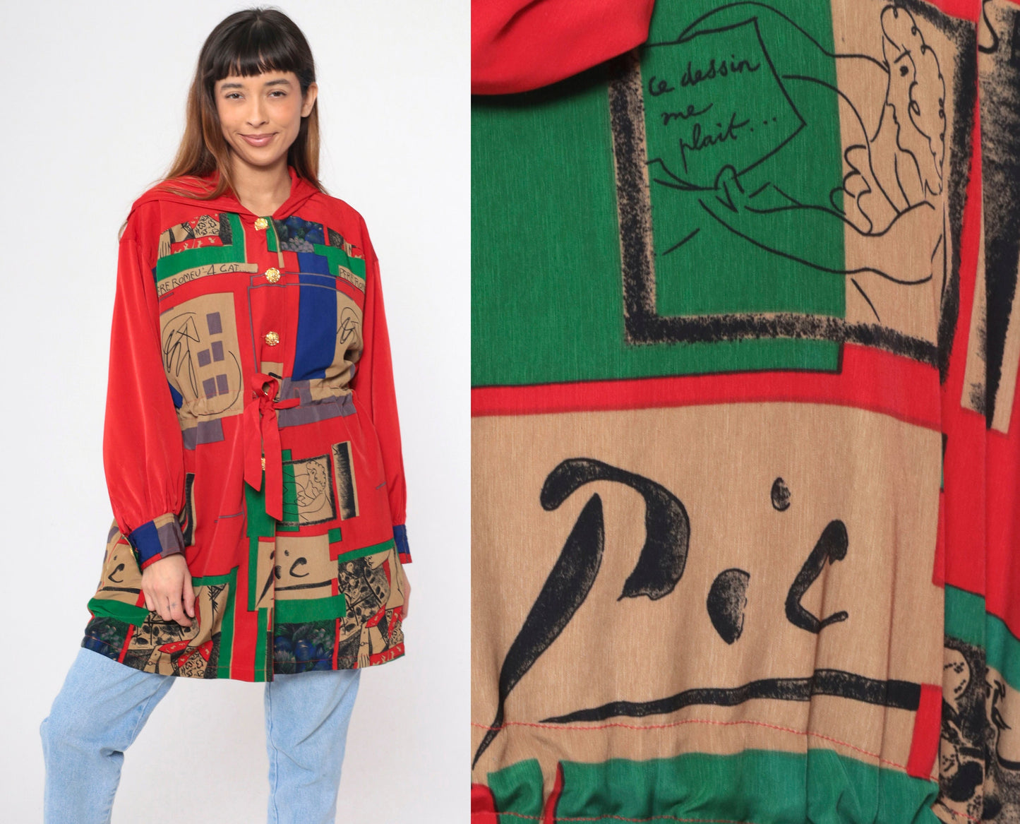 90s Picasso Barcelona Art Hooded Jacket Red Button-Up Drawstring Waist Large L
