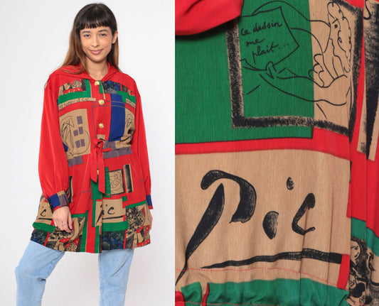 90s Picasso Barcelona Art Hooded Jacket Red Button-Up Drawstring Waist Large L