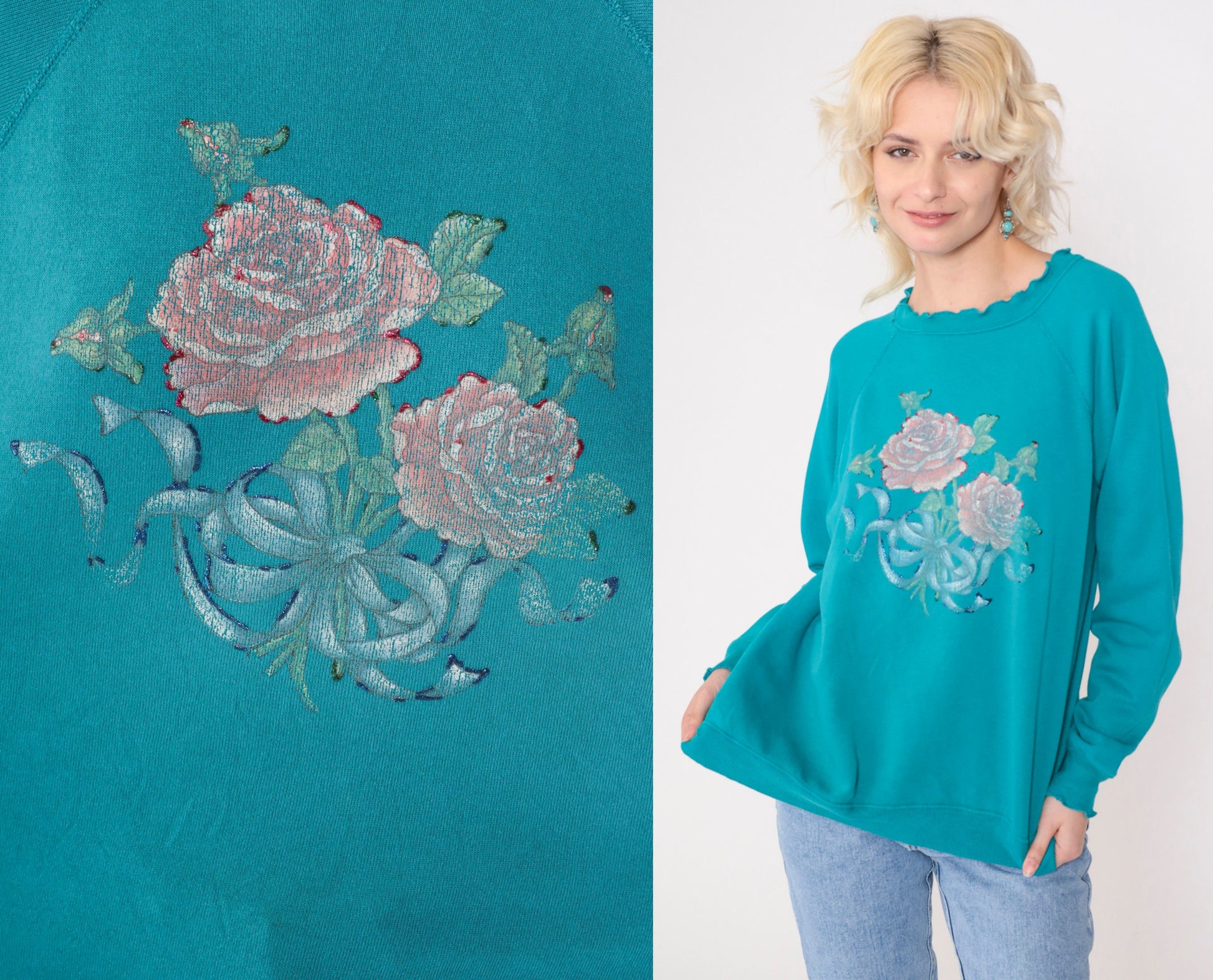 90s Hanes Her Way Turquoise Floral Glitter Sweatshirt Lettuce Edge Medium