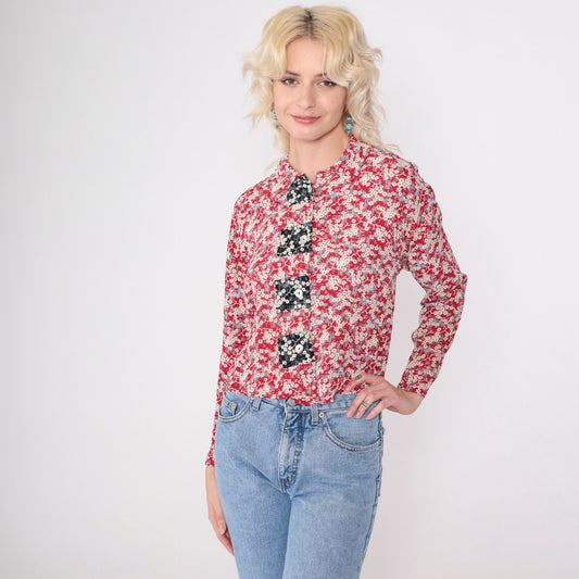 90s Red Floral Cherry Blossom Button-Up Blouse Long Sleeve Collared Small