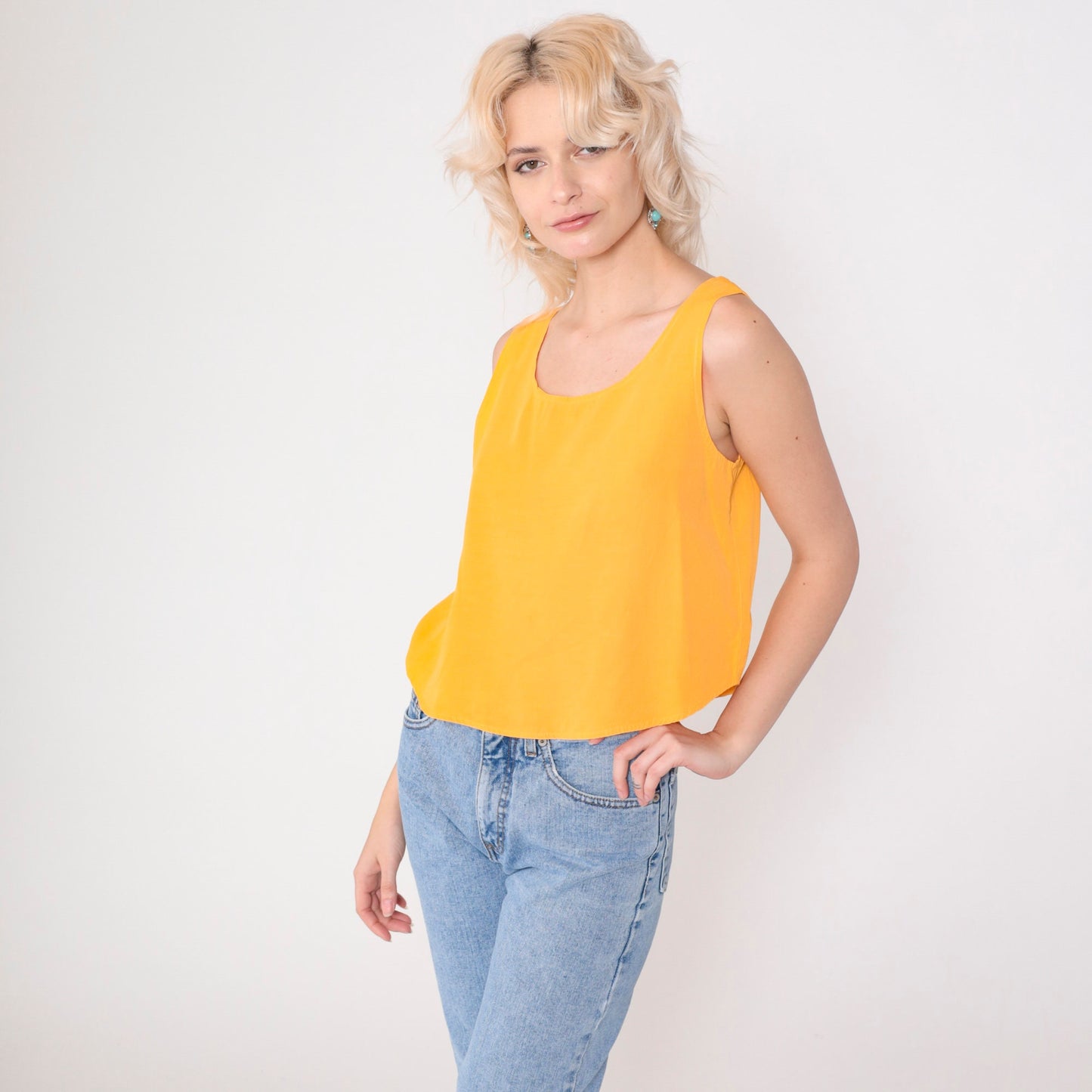 90s Marigold Yellow Scoop Neck Tank Top Rayon Small S