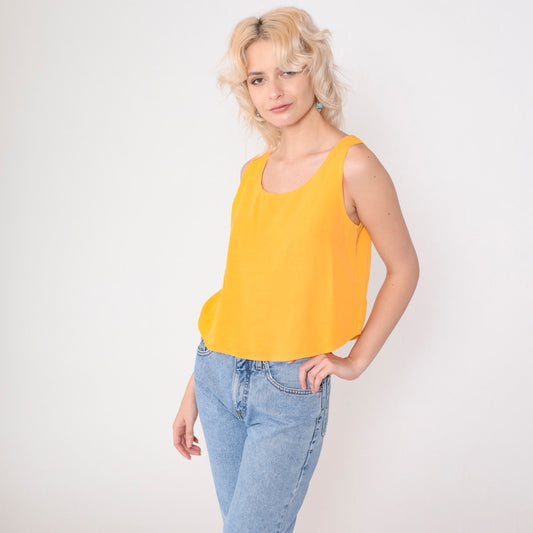 90s Marigold Yellow Scoop Neck Tank Top Rayon Small S