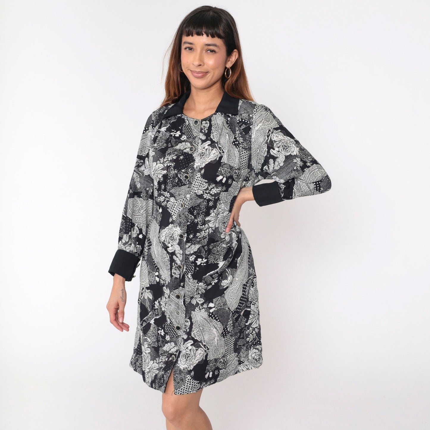 90s Patchwork Paisley Floral Mini Dress Black White Button Up Long Sleeve Medium