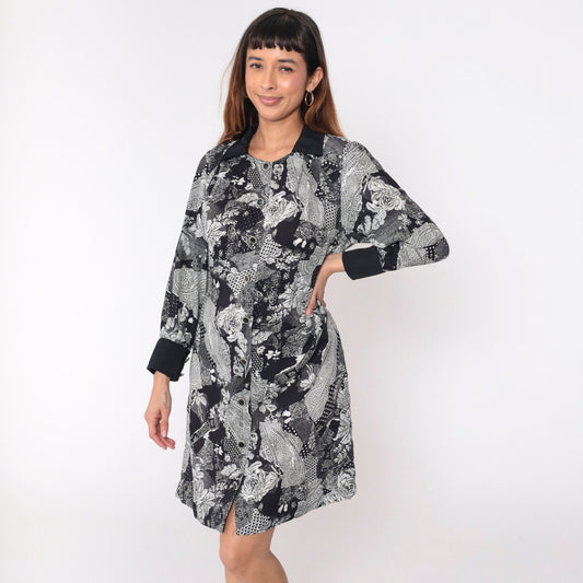 90s Patchwork Paisley Floral Mini Dress Black White Button Up Long Sleeve Medium
