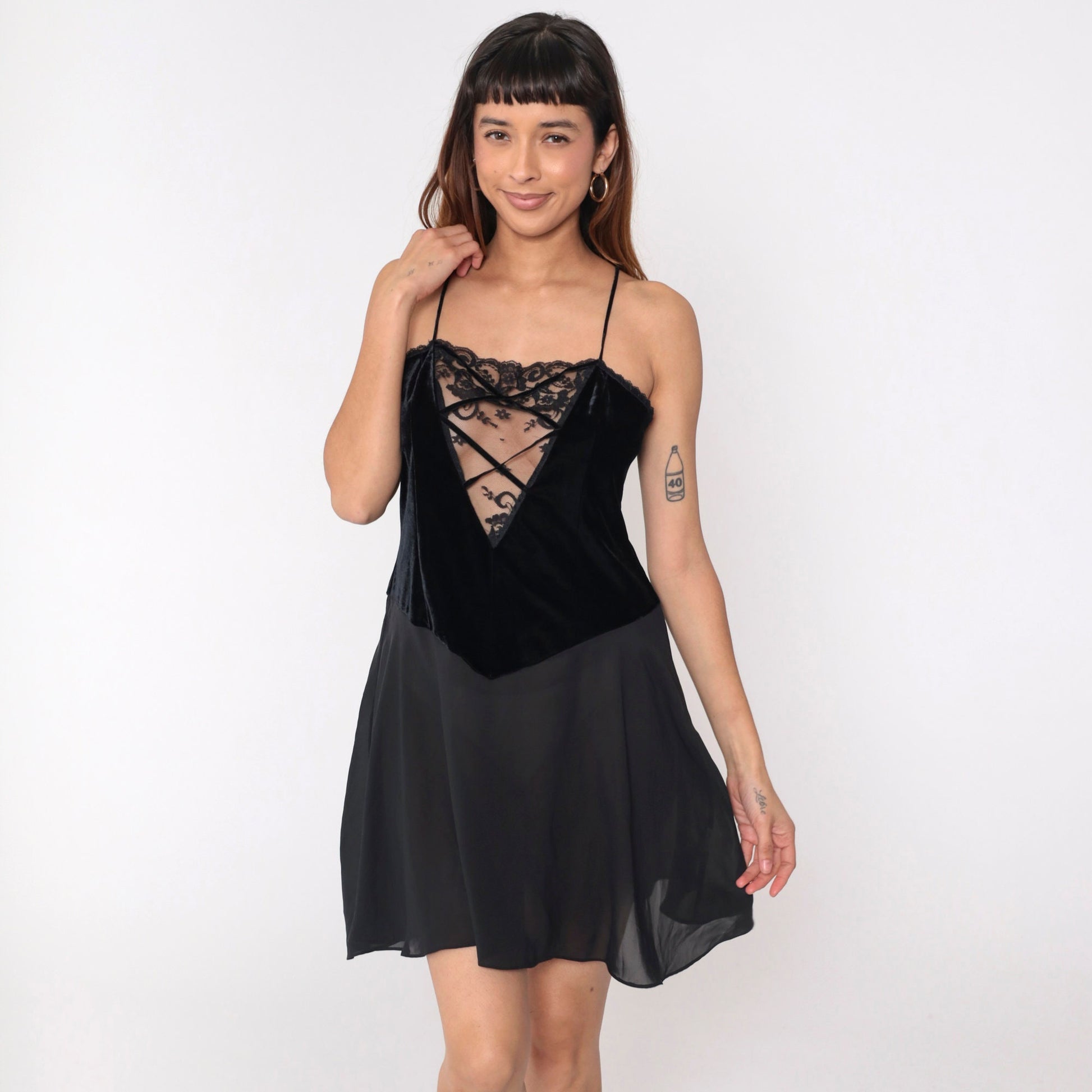 90s Black Chiffon Chemise Lace V-Neck Cage Spaghetti Strap Slip Dress Medium