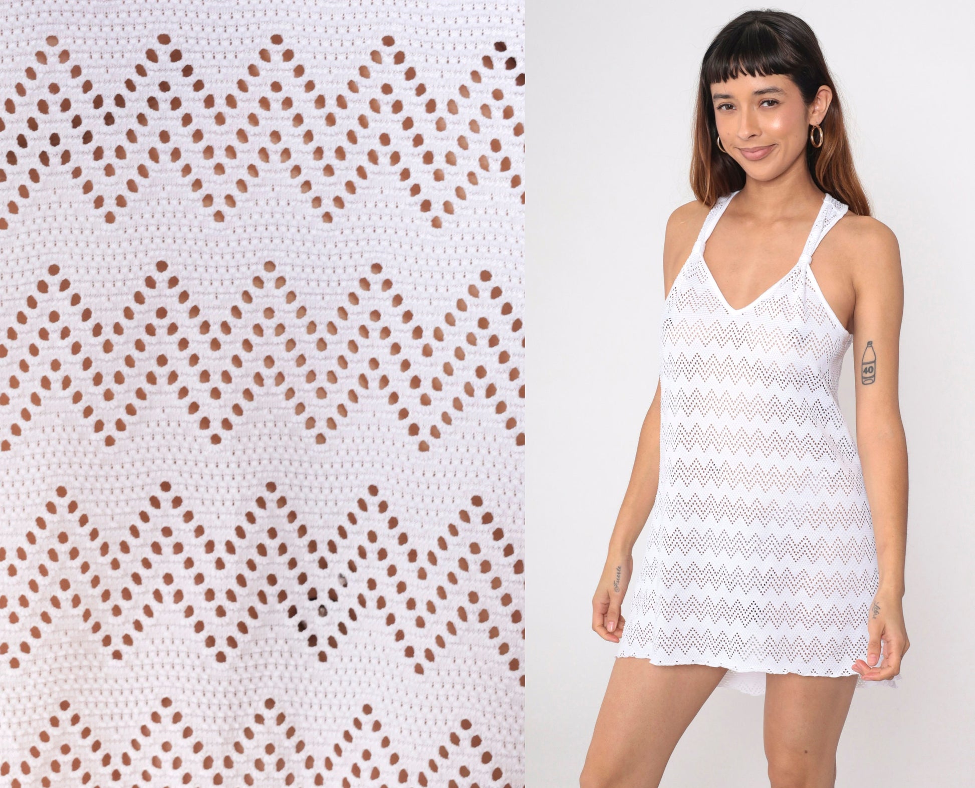 Y2K White Mesh Zig Zag Cutout Racerback Mini Dress Medium