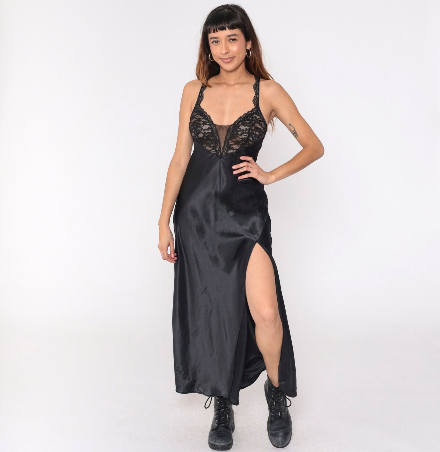 Y2K Victoria's Secret Black Satin Lace Slip Dress Maxi Deep V Sheer Small