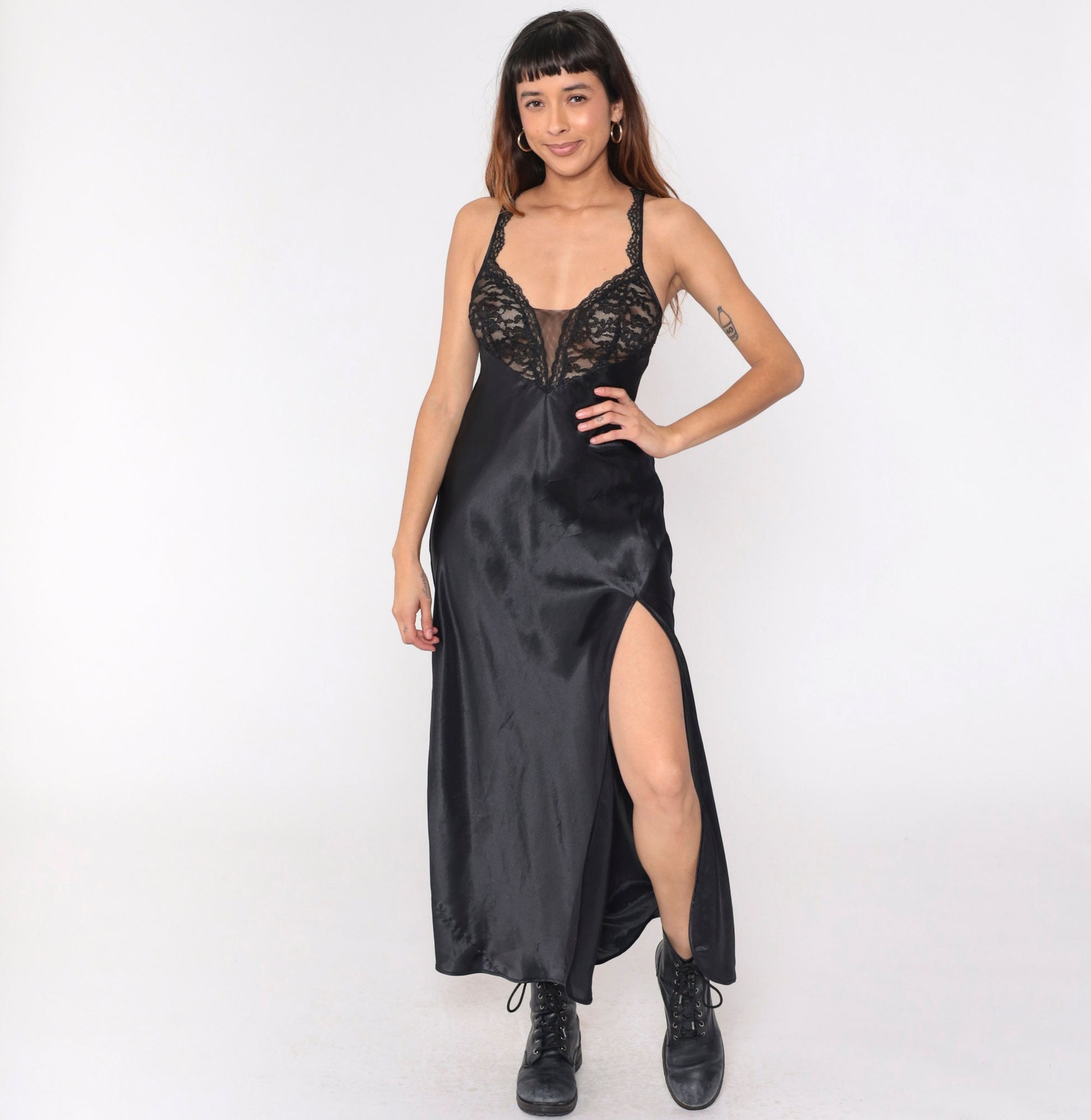 Y2K Victoria's Secret Black Satin Lace Slip Dress Maxi Deep V Sheer Small