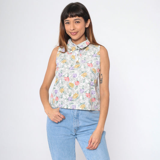 90s White Floral Sleeveless Collared Shirt Button-Up Blouse Small