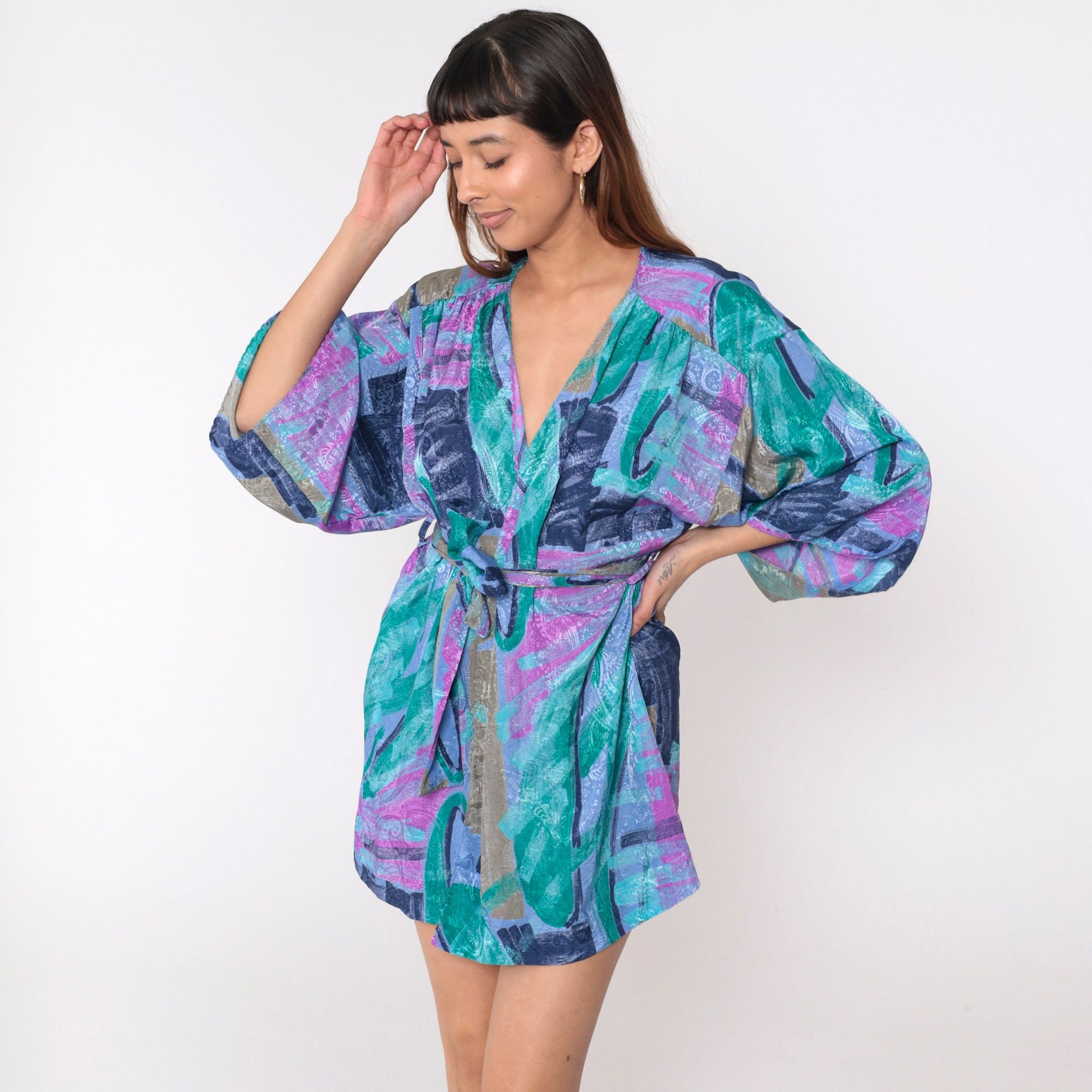 90s Brushstroke Paisley Kimono Robe Mini Purple Blue Small