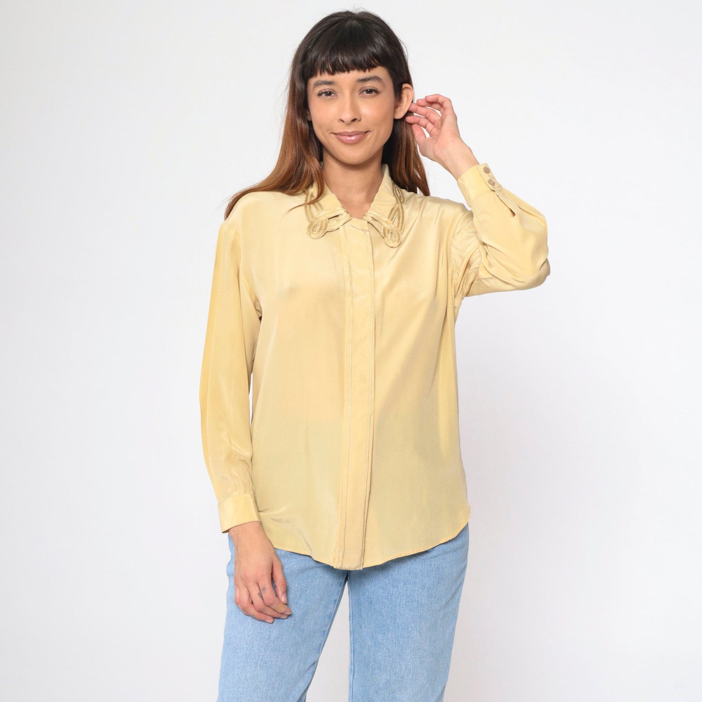 90s Rafaella Silk Cutwork Blouse Yellow Long Sleeve Hidden Button Small