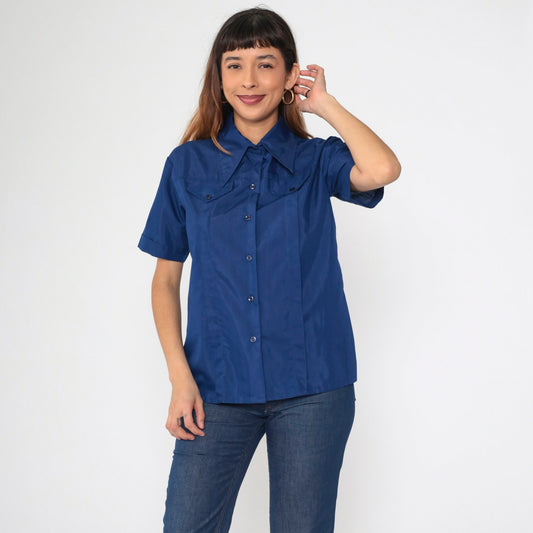 70s Navy Button-Up Shirt Pleated Dagger Collar Short Sleeve Medium