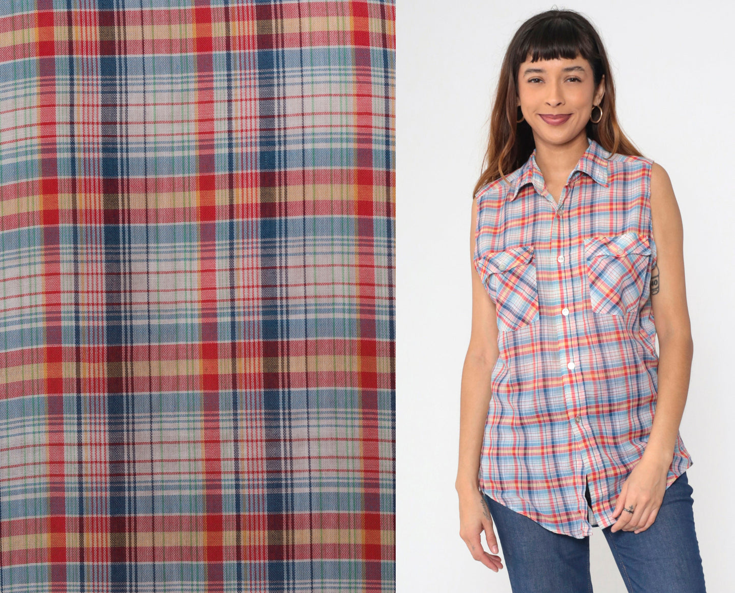 80s Plaid Sleeveless Button-Up Tank Top Red Blue Yellow White Medium Large