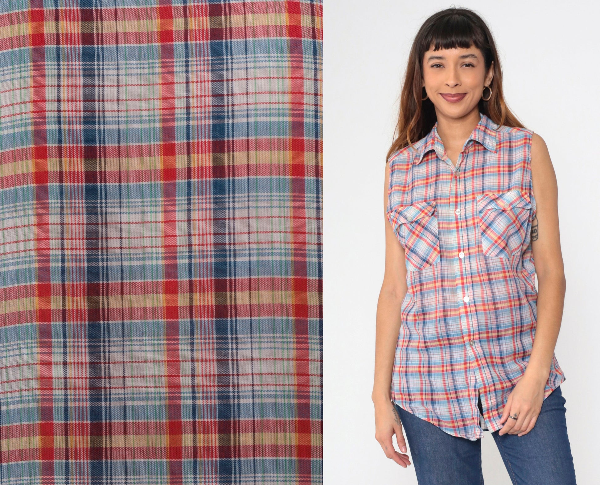 80s Plaid Sleeveless Button-Up Tank Top Red Blue Yellow White Medium Large