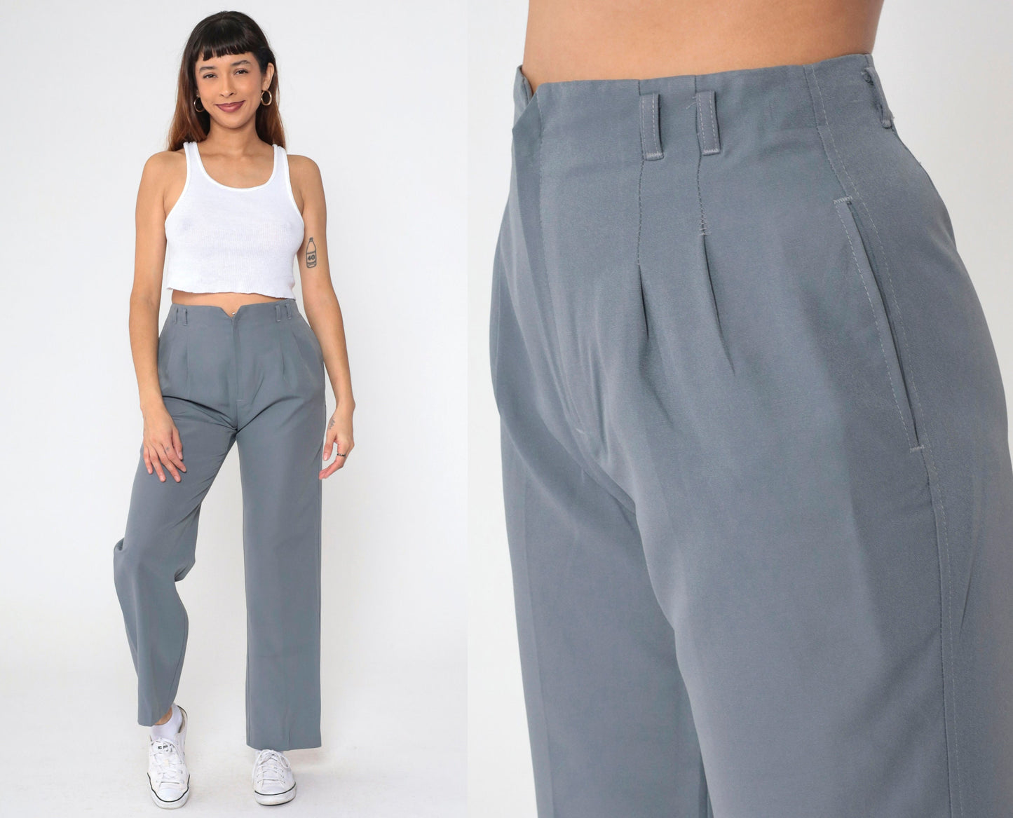 70s Grey Pleated High-Waist Straight Trousers Medium