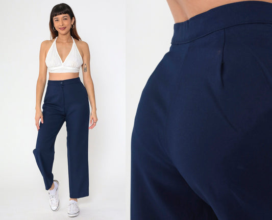 90s Navy Straight Leg High Rise Trousers Wool Blend Small 26
