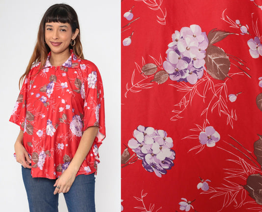 70s Jaylan of California Red Floral Zip Blouse Angel Sleeve Medium Large
