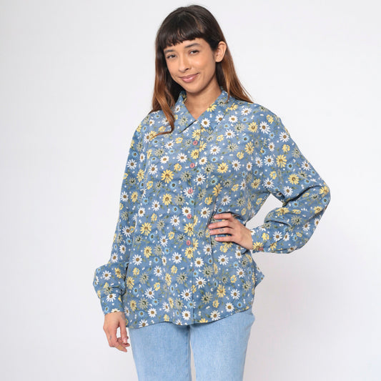 90s Blue Floral Button-Up Blouse Long Sleeve Collared Shirt Extra Large XL