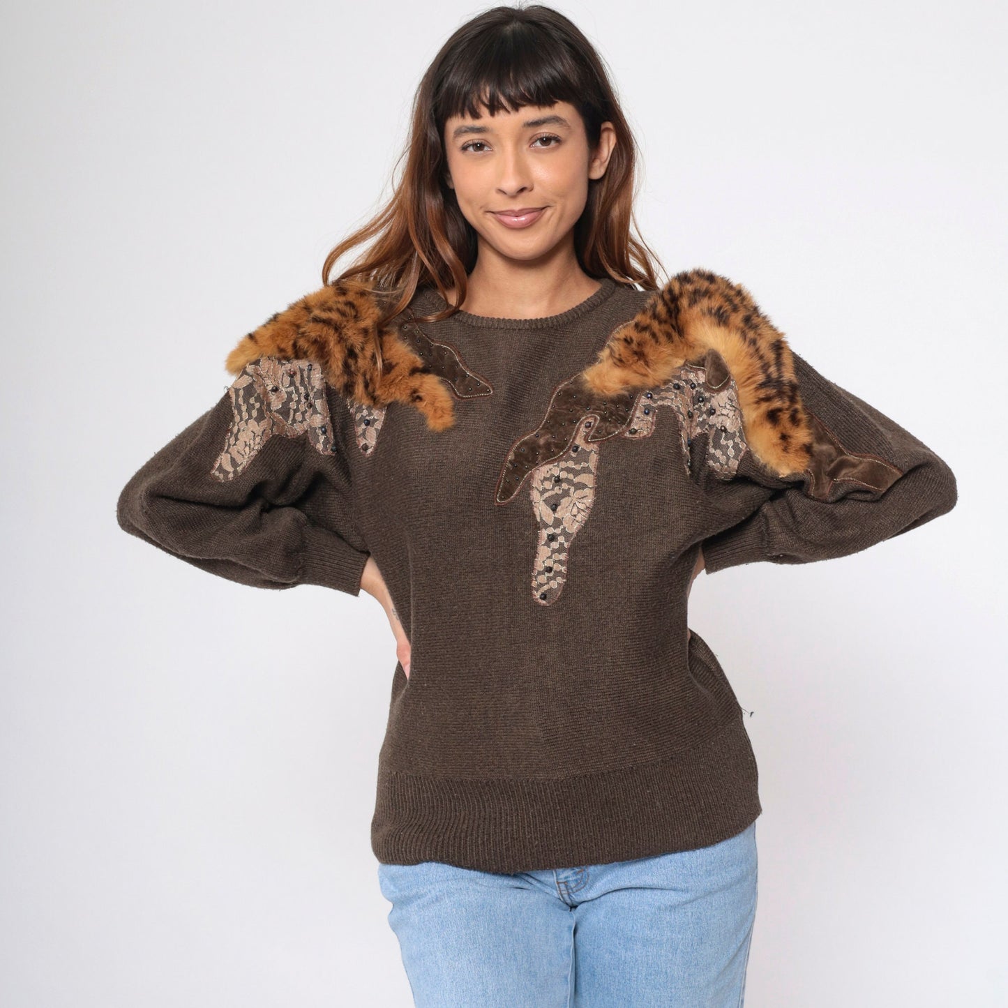 80s Brown Beaded Faux Fur Knit Sweater Dolman Sleeve Crewneck Medium