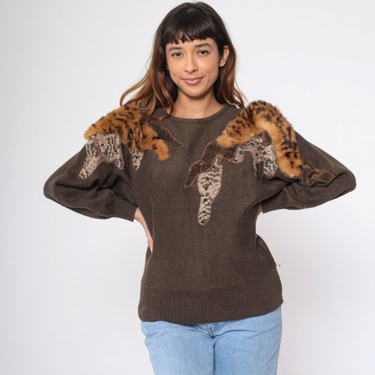 80s Brown Beaded Faux Fur Knit Sweater Dolman Sleeve Crewneck Medium